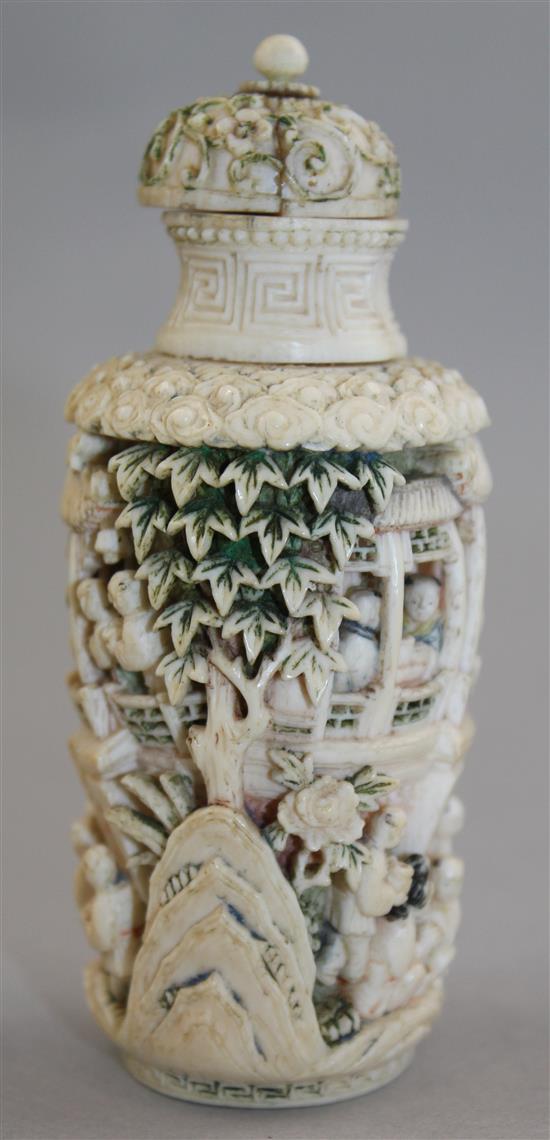 A Chinese tinted ivory snuff bottle and stopper, 1875-1900, Richards no. 296, stopper associated ?